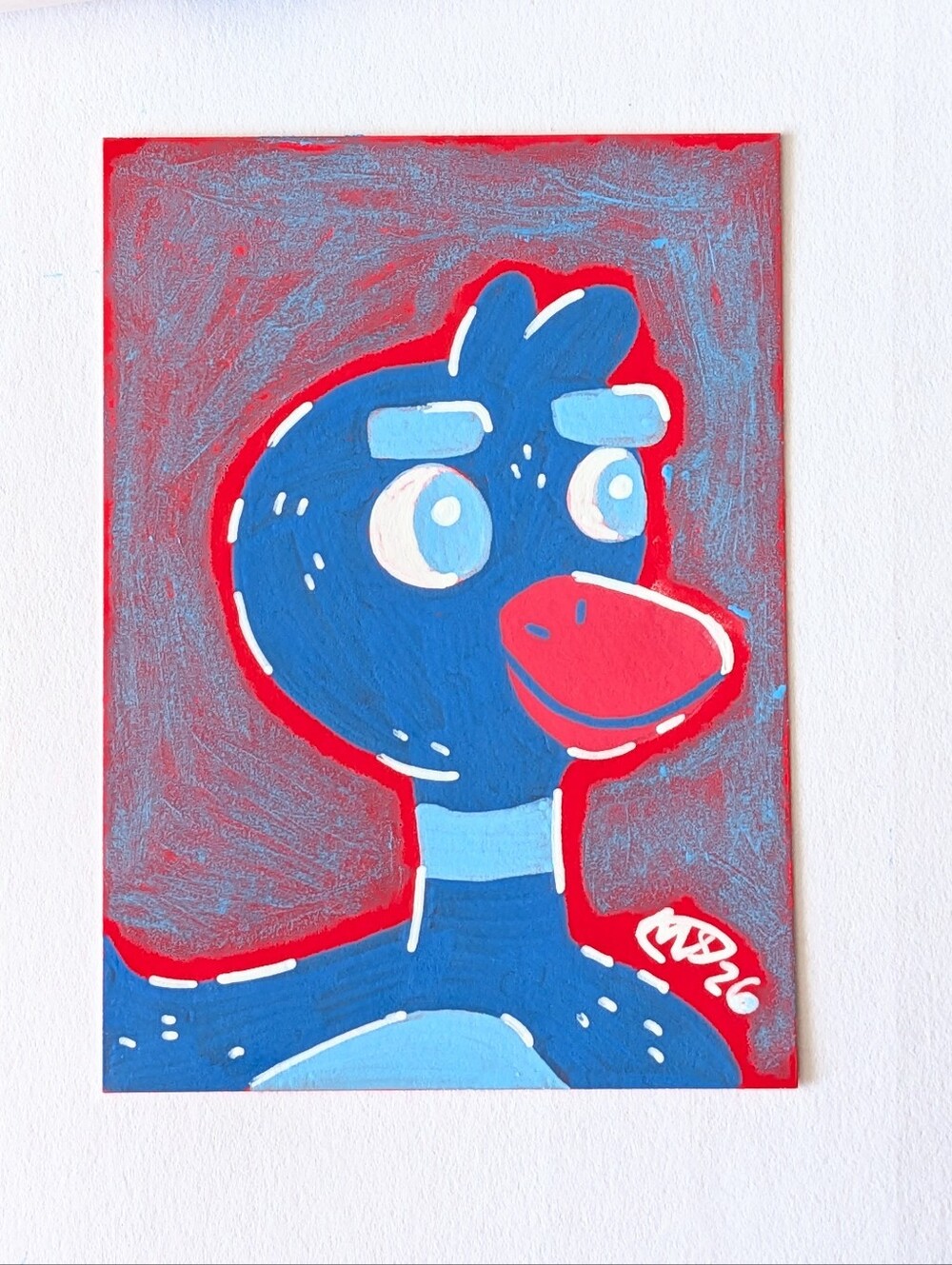 ACEO Original Red White & Blue Duck 2.5×3.5 Painting Card By Mattoodles